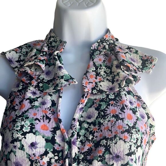Anthropologie XS Purple Black Floral Print Ruffle V Neck Blouse Top Boho Cottage - Picture 3 of 9